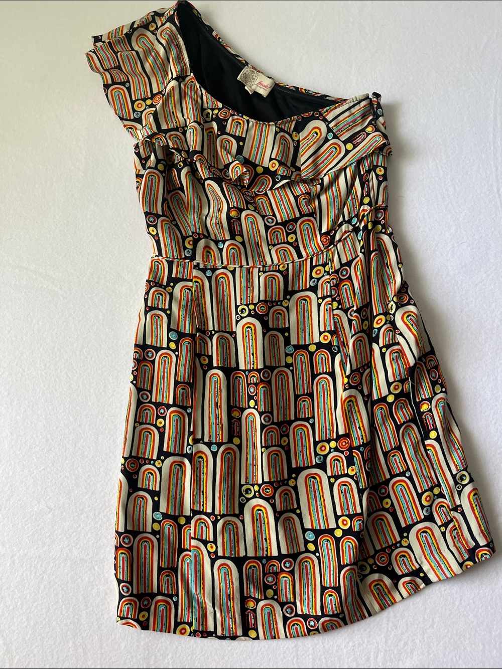 Tracy Reese One-Shoulder Black Dress with Multicolor Arch Print